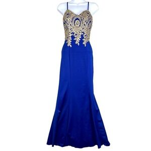 Womens Maxi Dress XS Royal Blue Gold Brocade HOCO Prom Formal Statement Dopamine